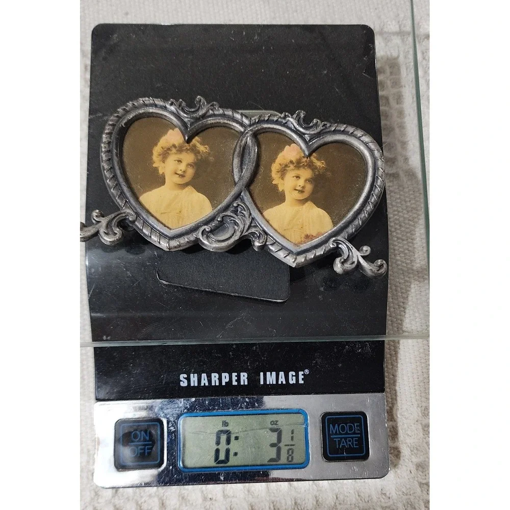 Vintage Double Heart Miniature Picture Frame Pewter Tone Ornate Victorian Style